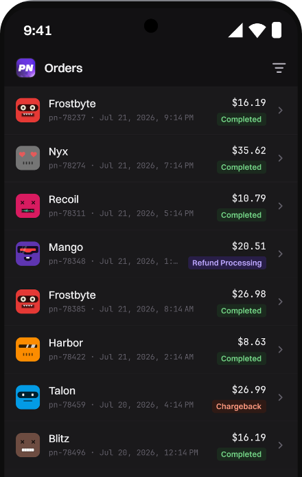 PayNow app, orders