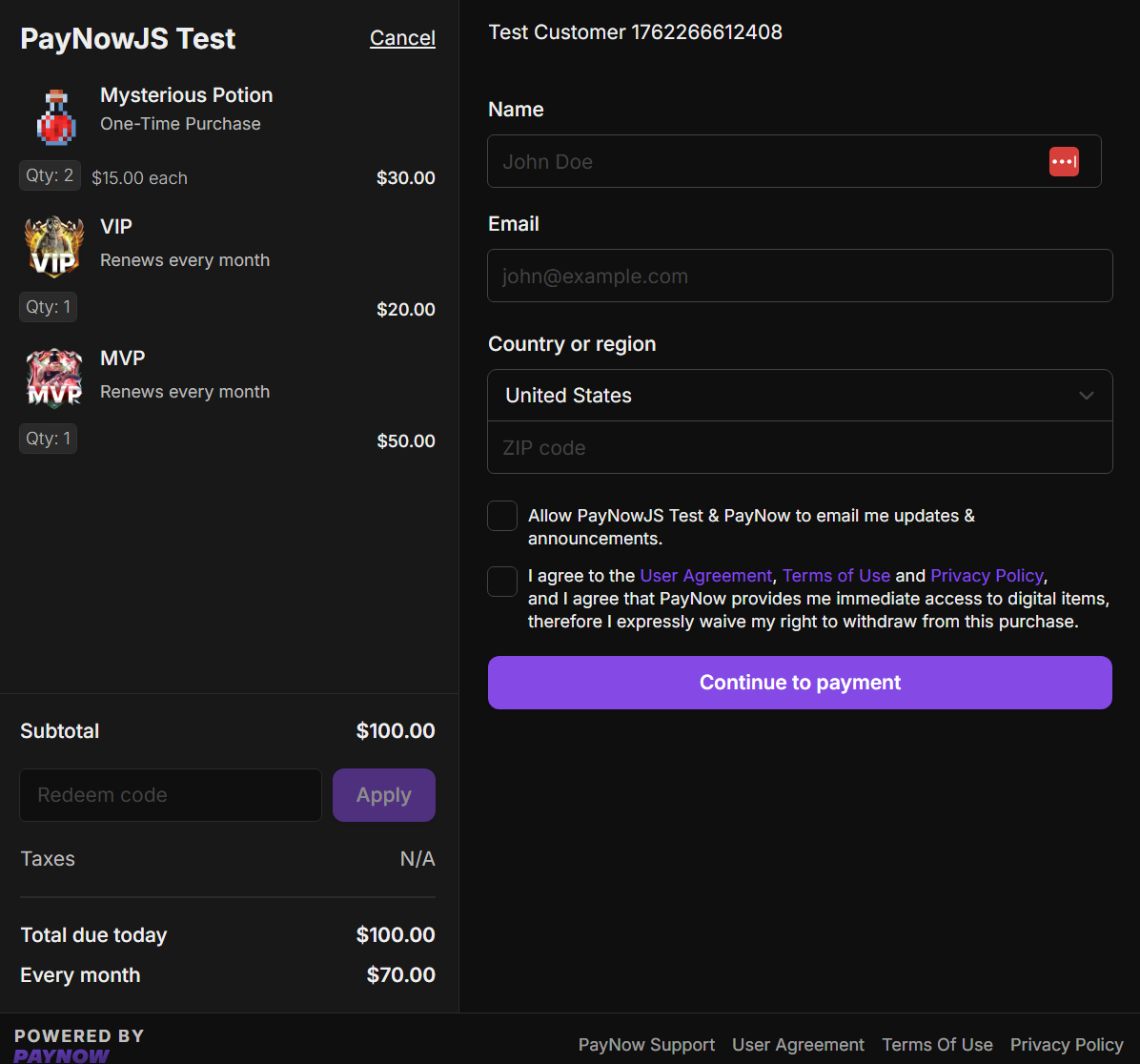 The PayNow checkout overlay, showing payment methods and card entry