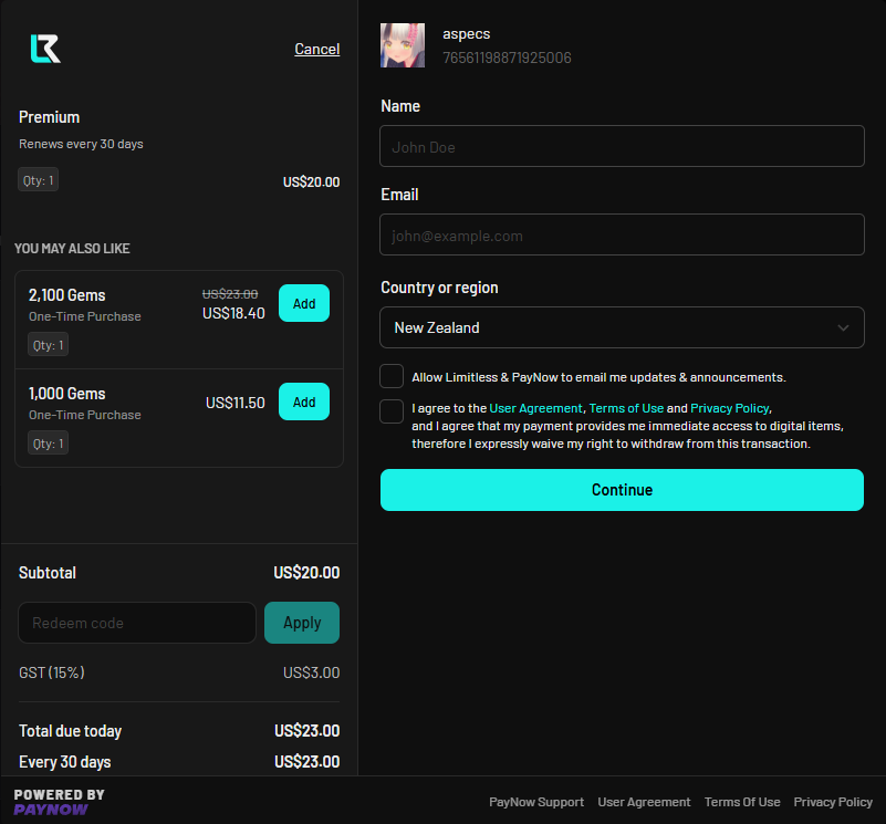 Inline upsell in PayNow checkout