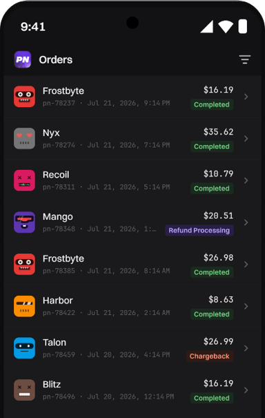 PayNow app, orders